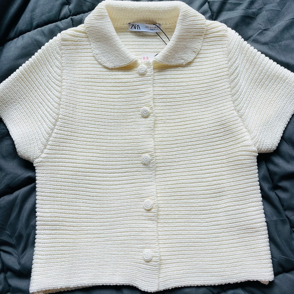 Zara Cream Colored Knit Short Sleeved Cardigan Small NWT